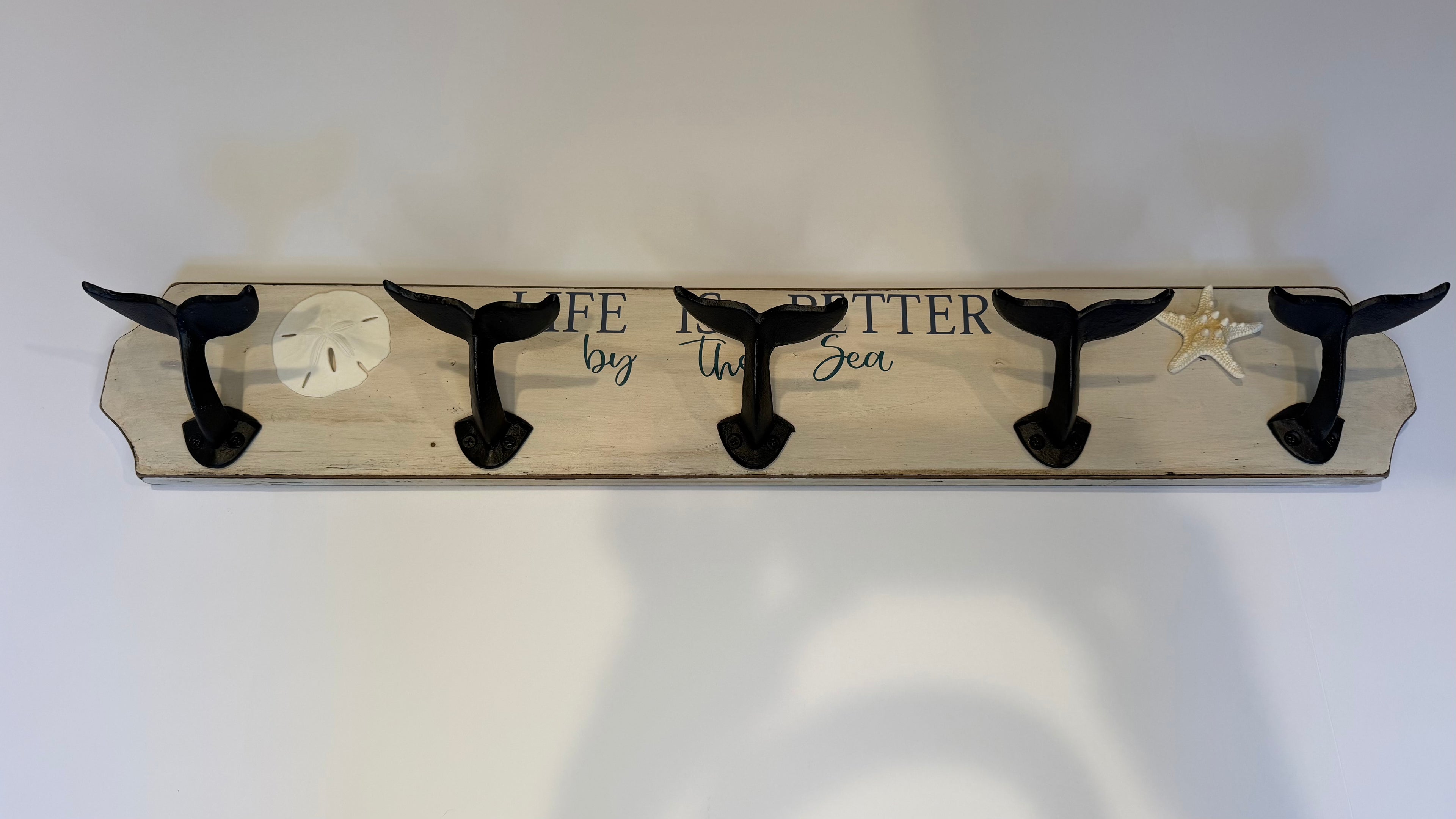 Life Is Better by the Sea Whale Tail Coat Rack – 5 Hook Coastal Wall Organizer