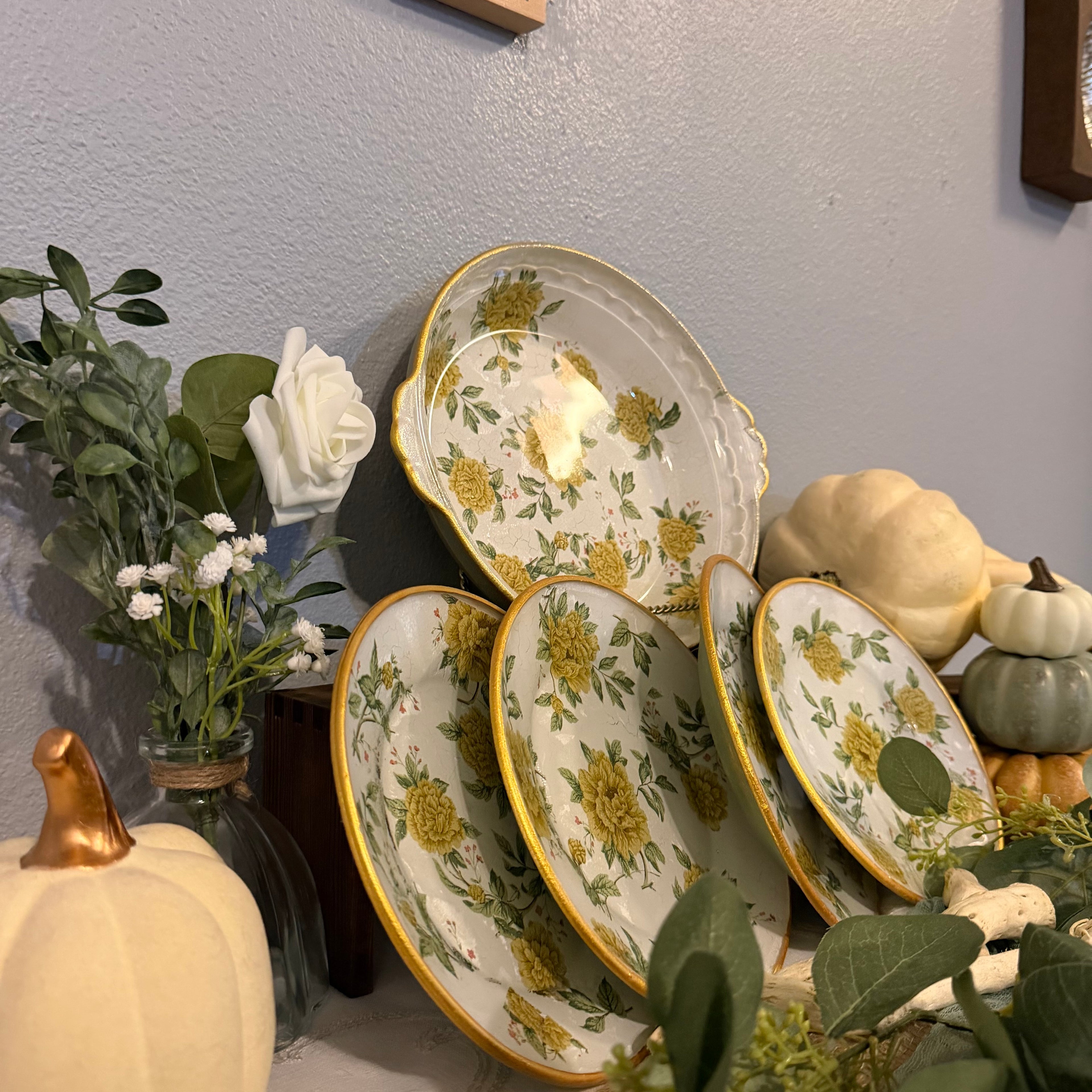 Golden Gathering Floral Pie Plate | Hand-Decoupaged Serving & Display Dish
