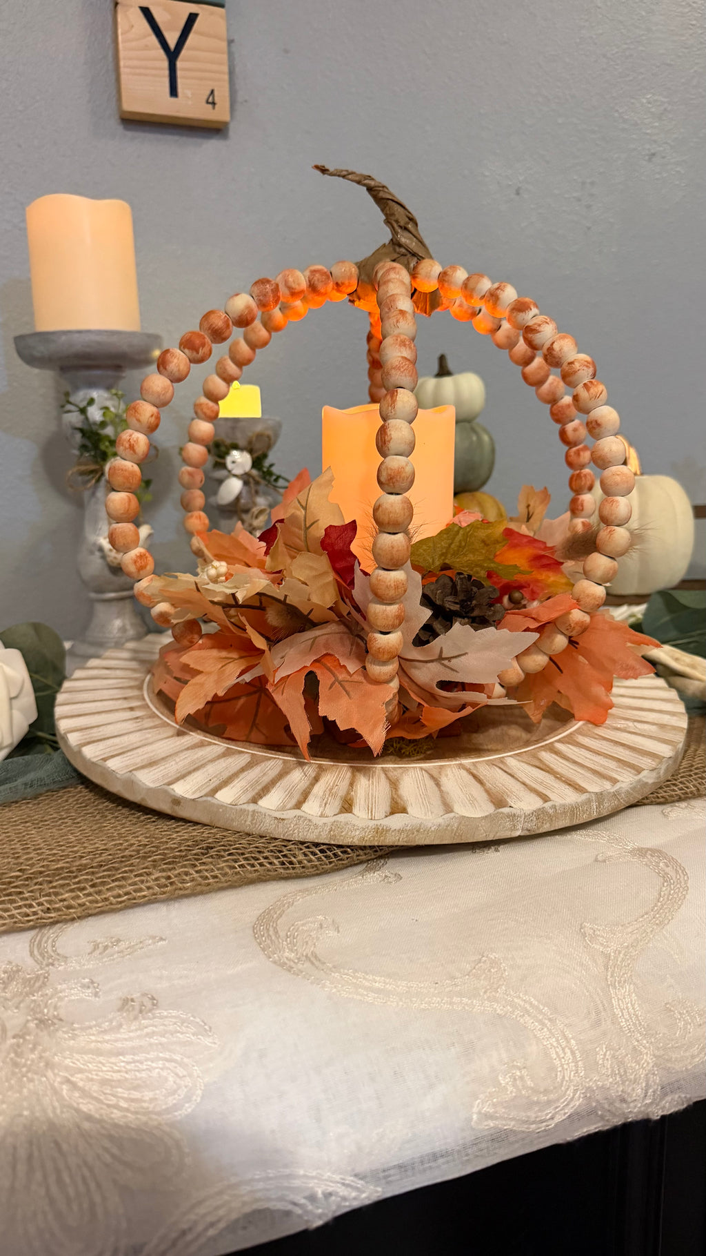 Hand-Beaded Pumpkin Centerpiece with Flameless Candle | Handmade Fall Décor