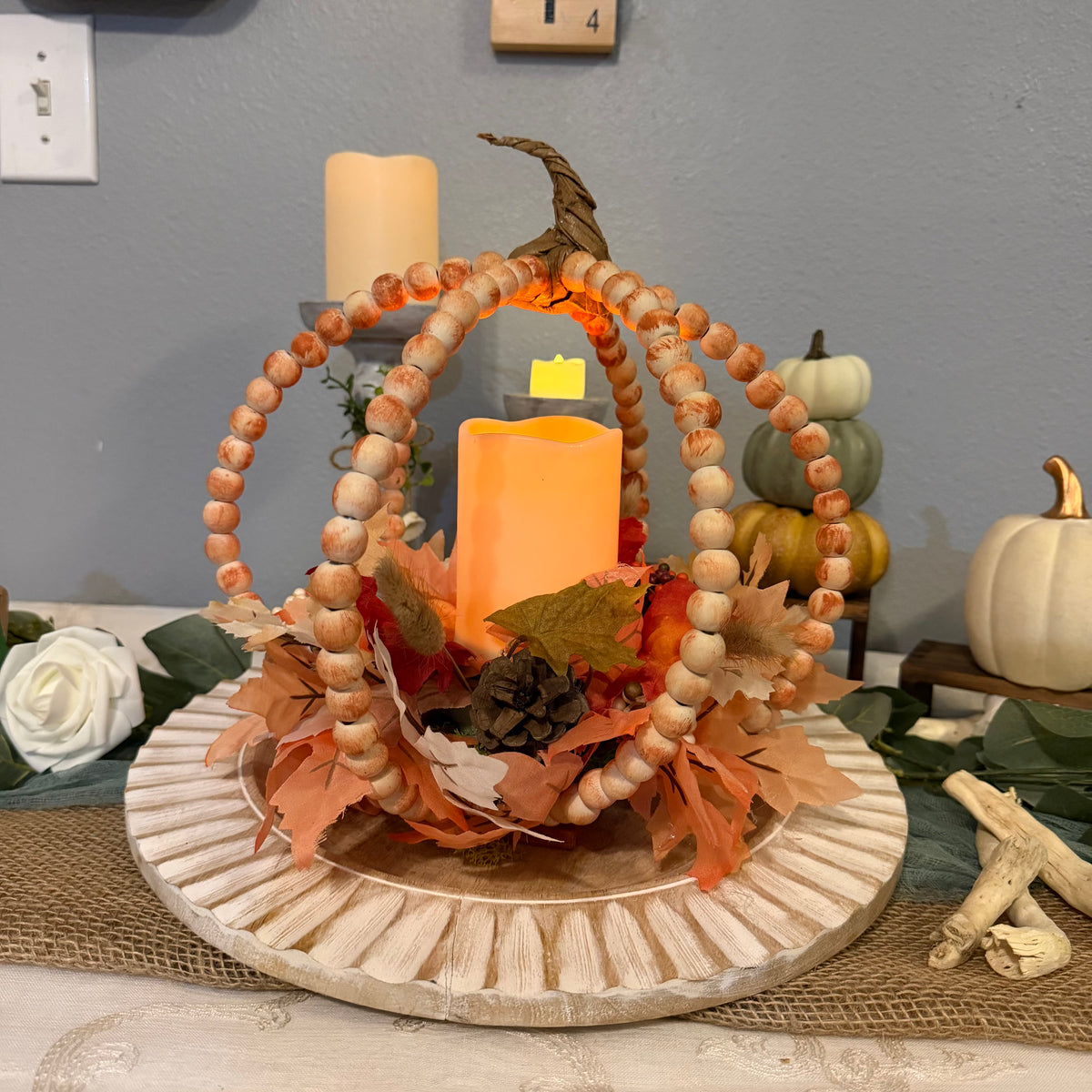 Hand-Beaded Pumpkin Centerpiece with Flameless Candle | Handmade Fall Décor