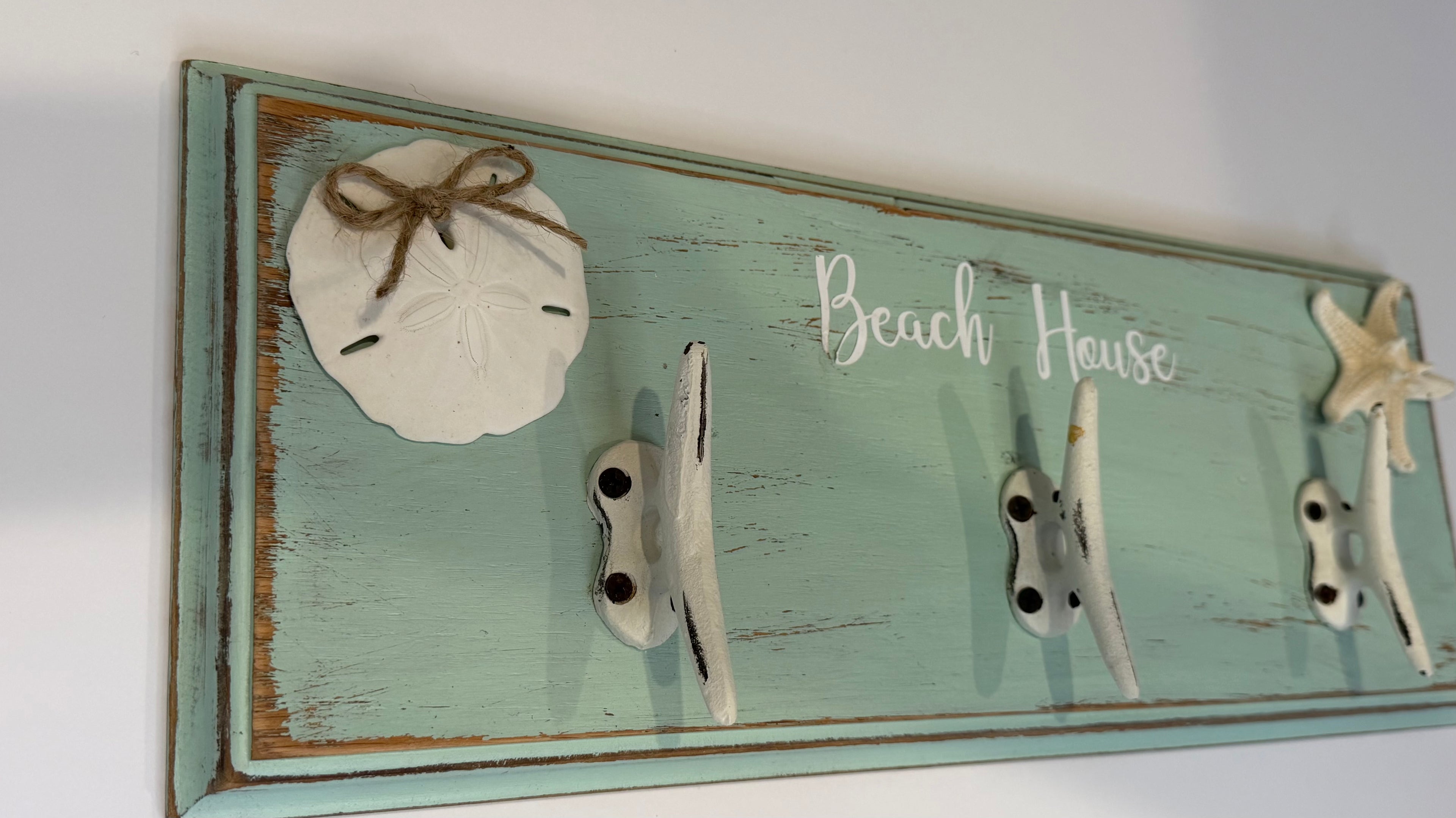 Beach House Coastal Wall Rack with Anchor Hooks | Seafoam Nautical Wall Décor