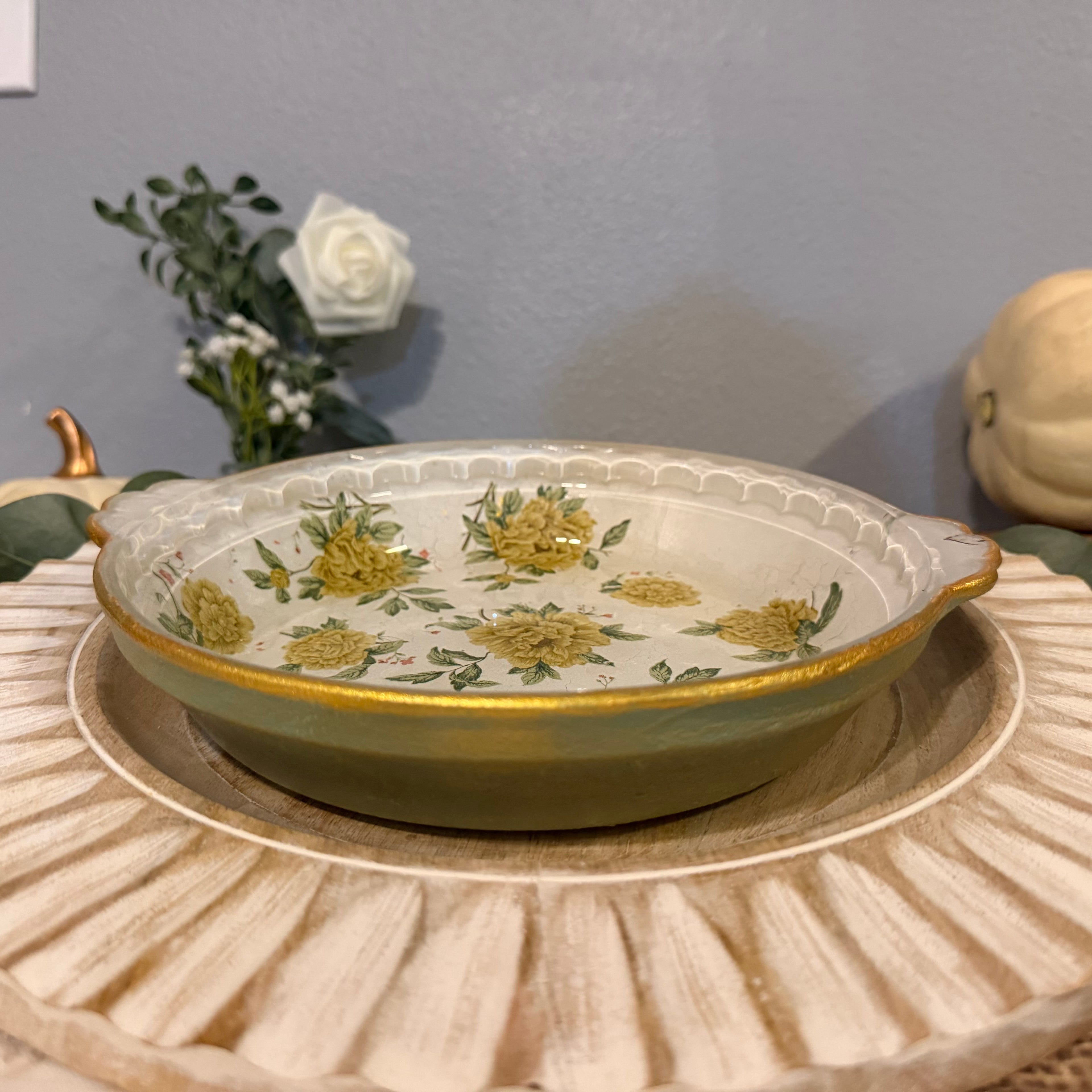Golden Gathering Floral Pie Plate | Hand-Decoupaged Serving & Display Dish