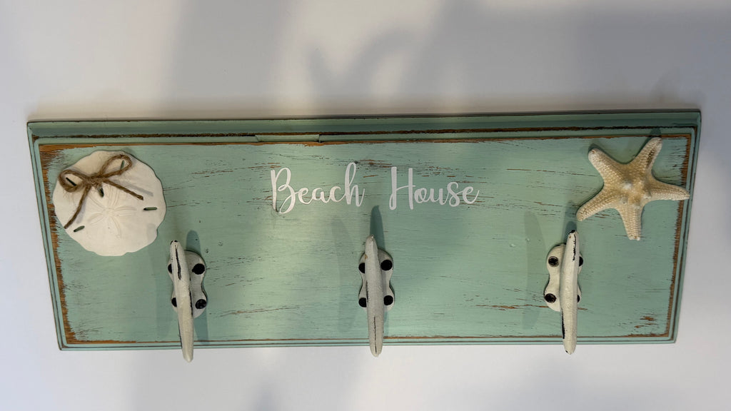 Beach House Coastal Wall Rack with Anchor Hooks | Seafoam Nautical Wall Décor