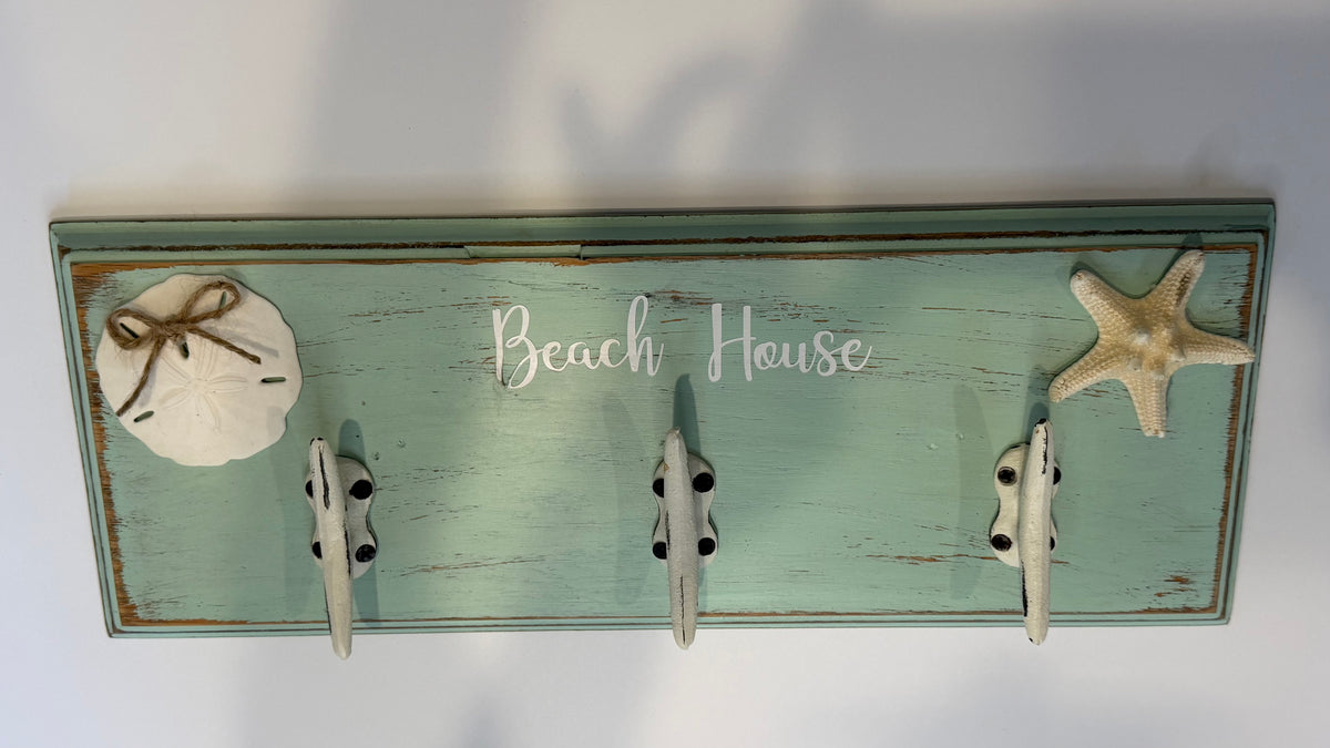 Beach House Coastal Wall Rack with Anchor Hooks | Seafoam Nautical Wall Décor