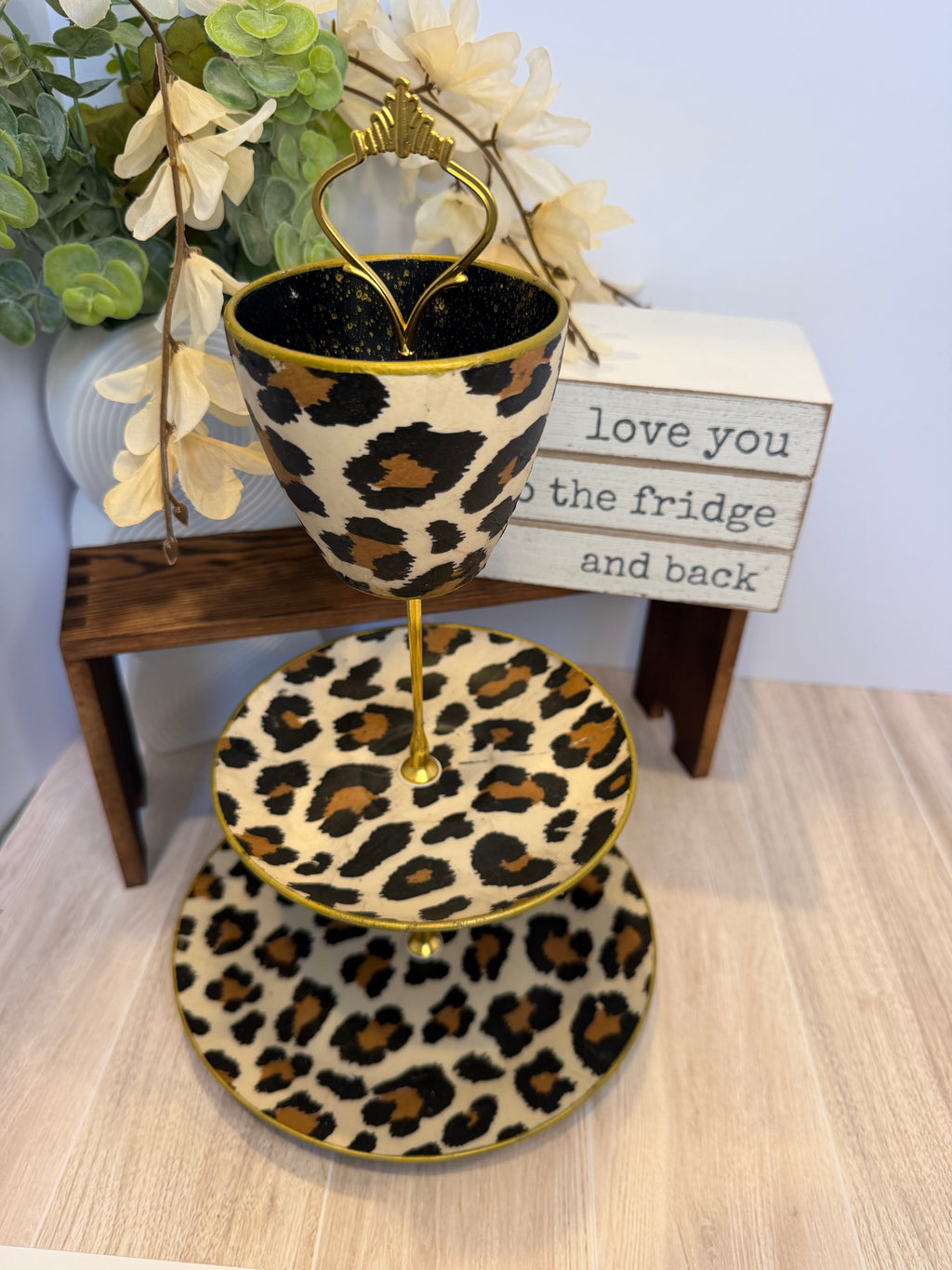Leopard 3-Tier Jewelry & Vanity Stand with Gold Trim