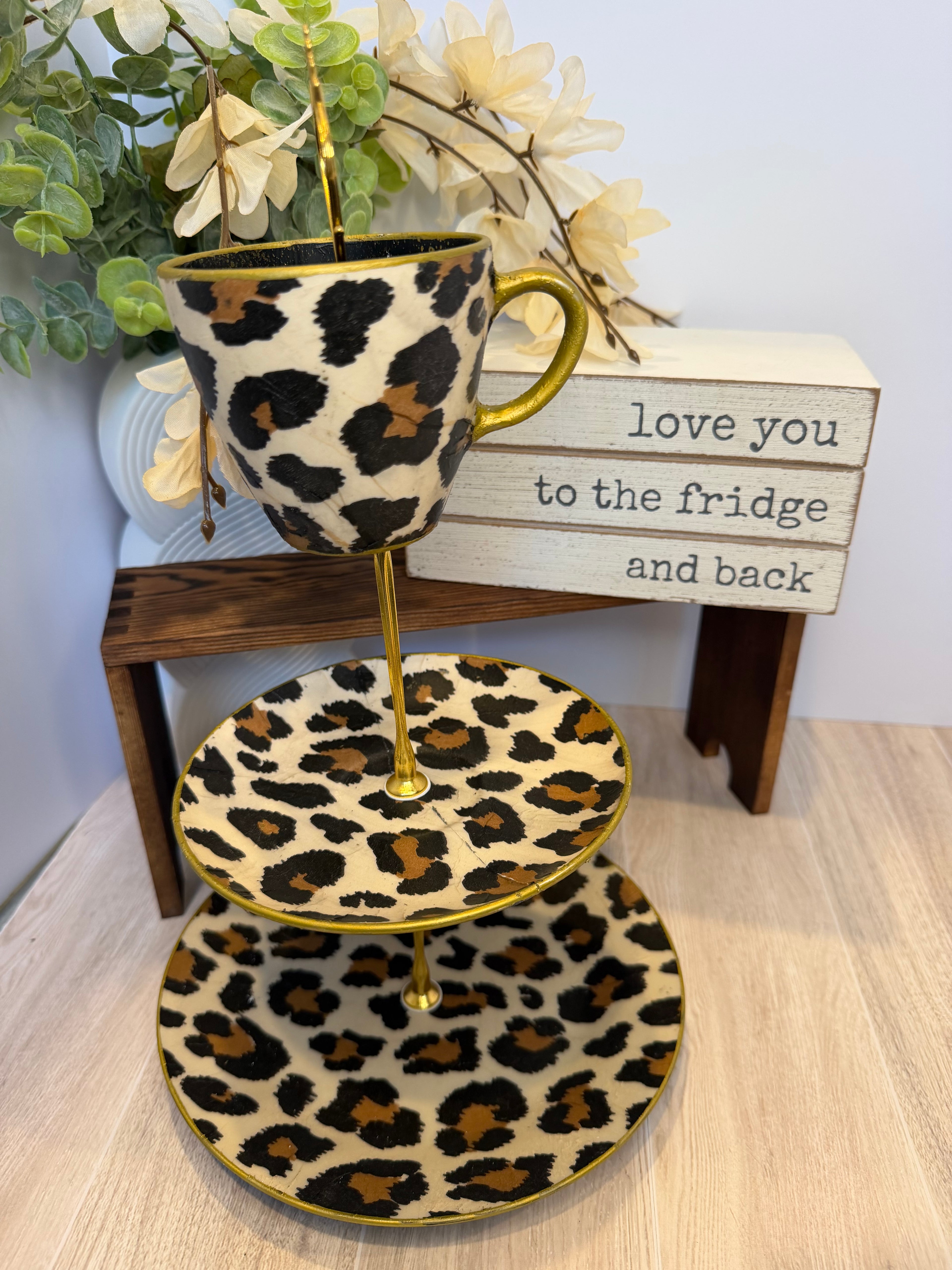 Leopard 3-Tier Jewelry & Vanity Stand with Gold Trim