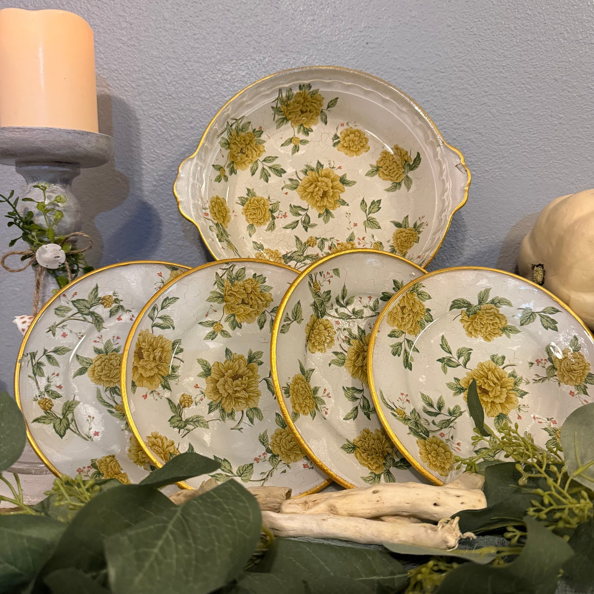 Golden Gathering Floral Pie Plate | Hand-Decoupaged Serving & Display Dish
