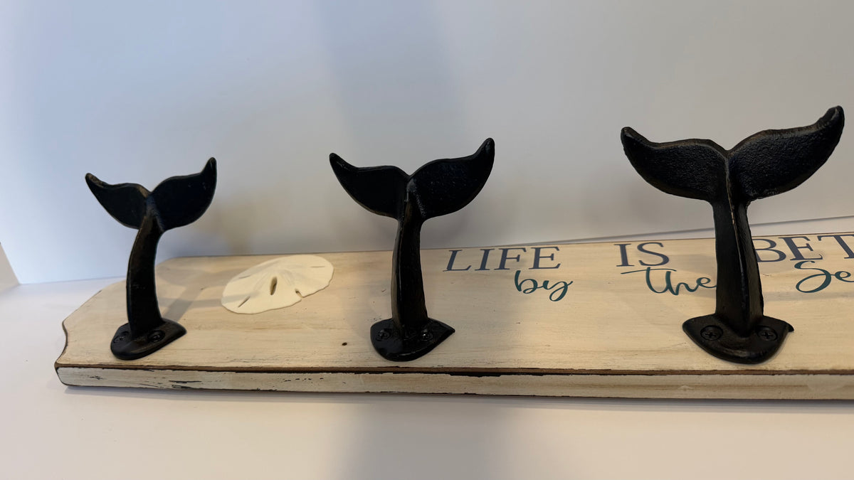 Life Is Better by the Sea Whale Tail Coat Rack – 5 Hook Coastal Wall Organizer