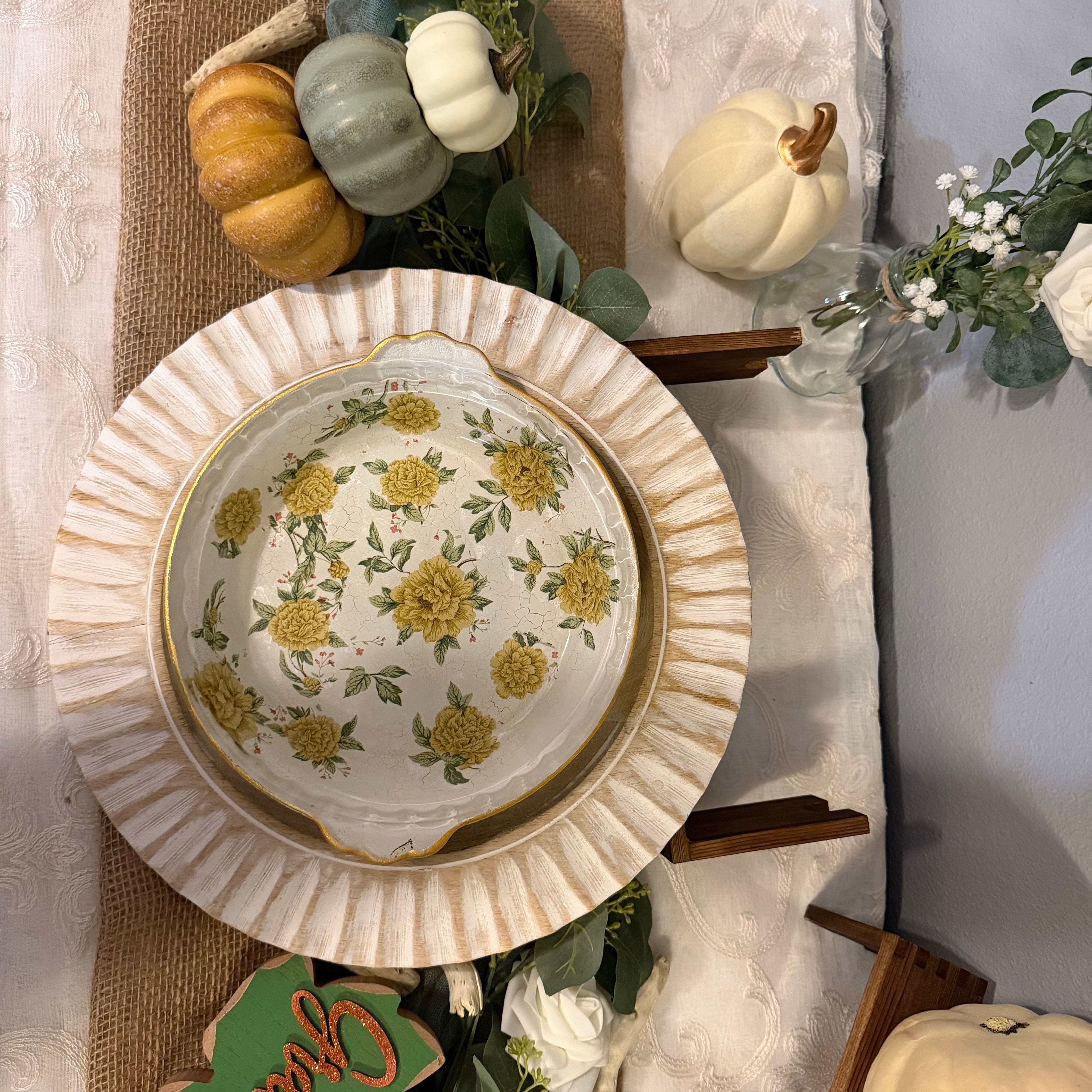 Golden Gathering Floral Pie Plate | Hand-Decoupaged Serving & Display Dish