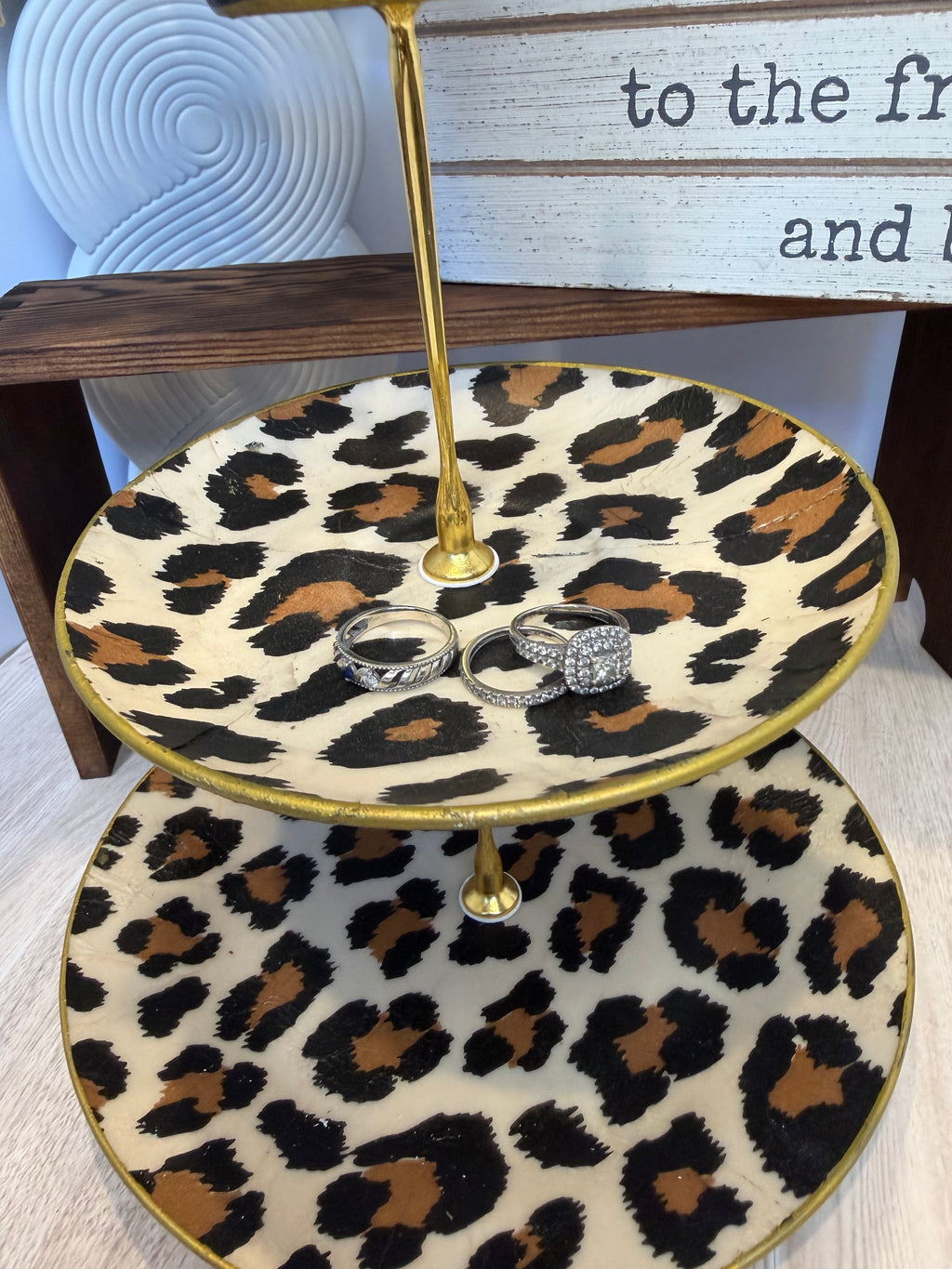 Leopard 3-Tier Jewelry & Vanity Stand with Gold Trim