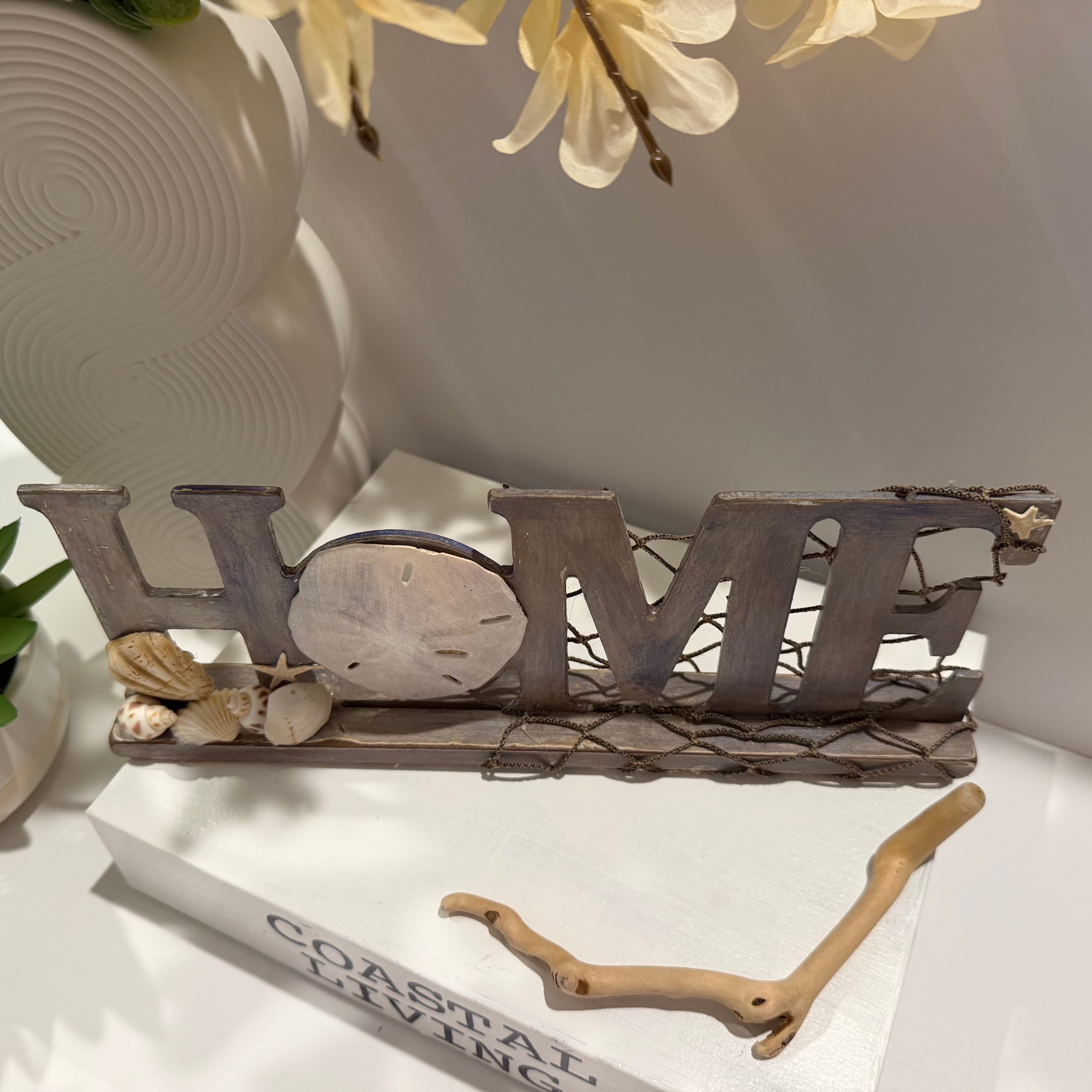 One-of-a-Kind Coastal HOME Sign – Handcrafted Sand Dollar & Shell Décor