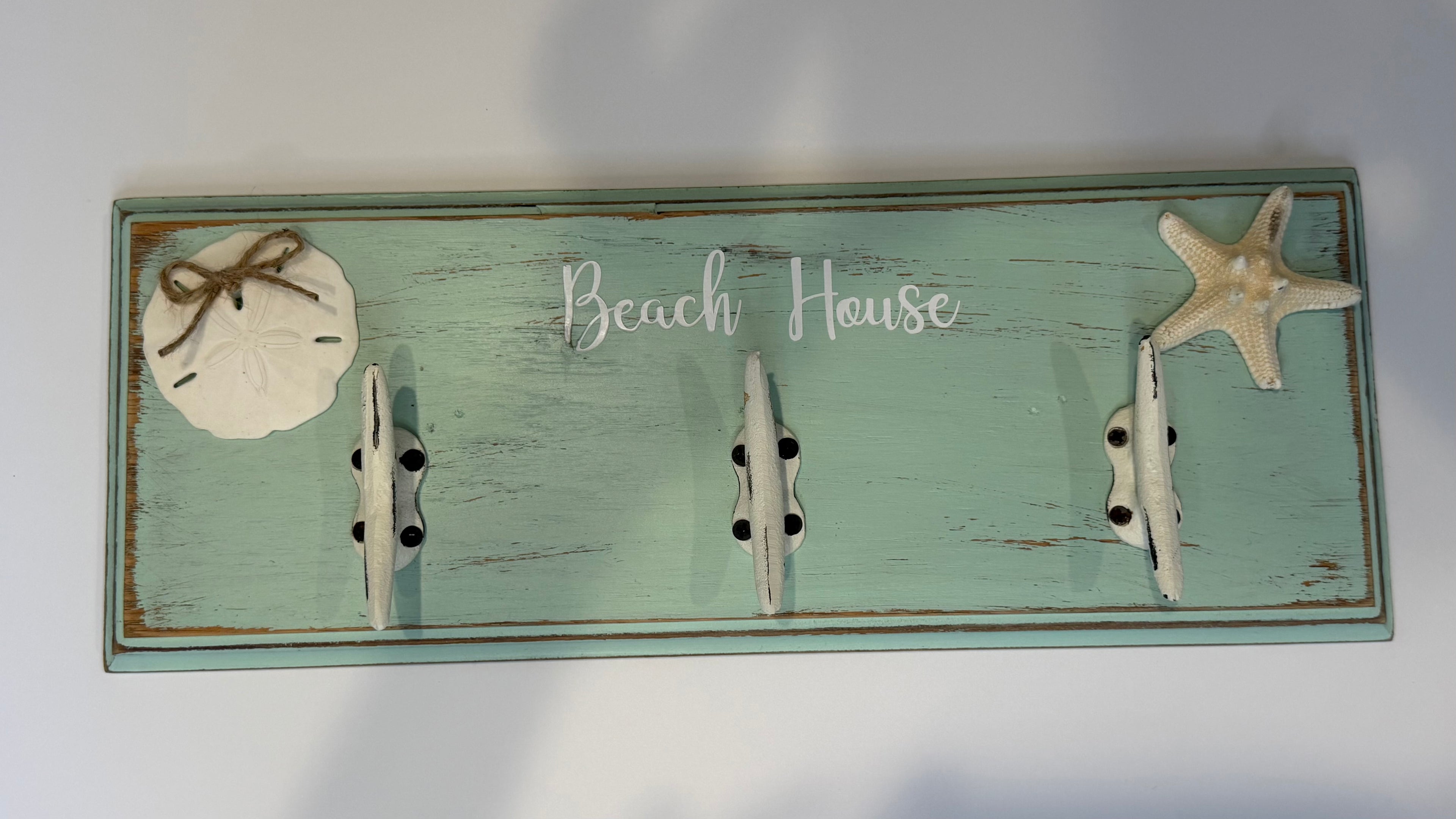 Beach House Coastal Wall Rack with Anchor Hooks | Seafoam Nautical Wall Décor