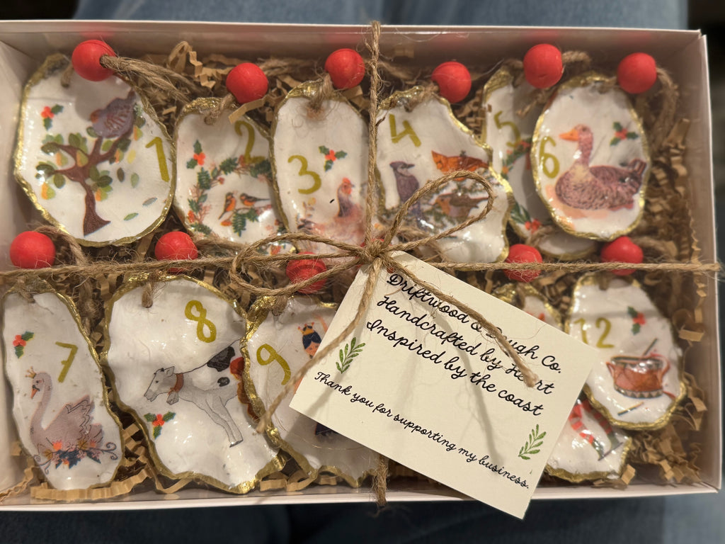 12 Days of Christmas Oyster Shell Ornament Set | Handmade Coastal Christmas Collection