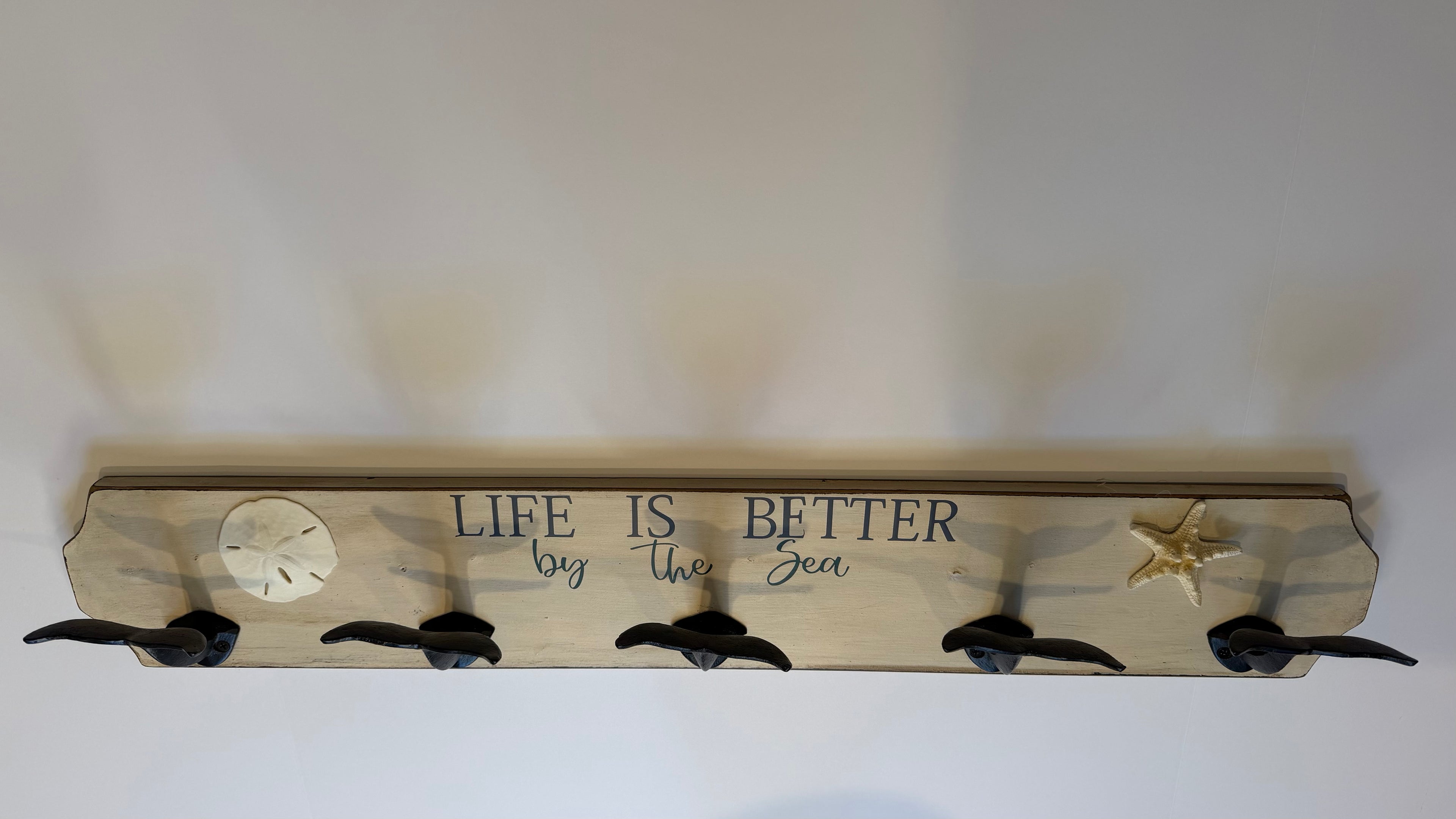Life Is Better by the Sea Whale Tail Coat Rack – 5 Hook Coastal Wall Organizer