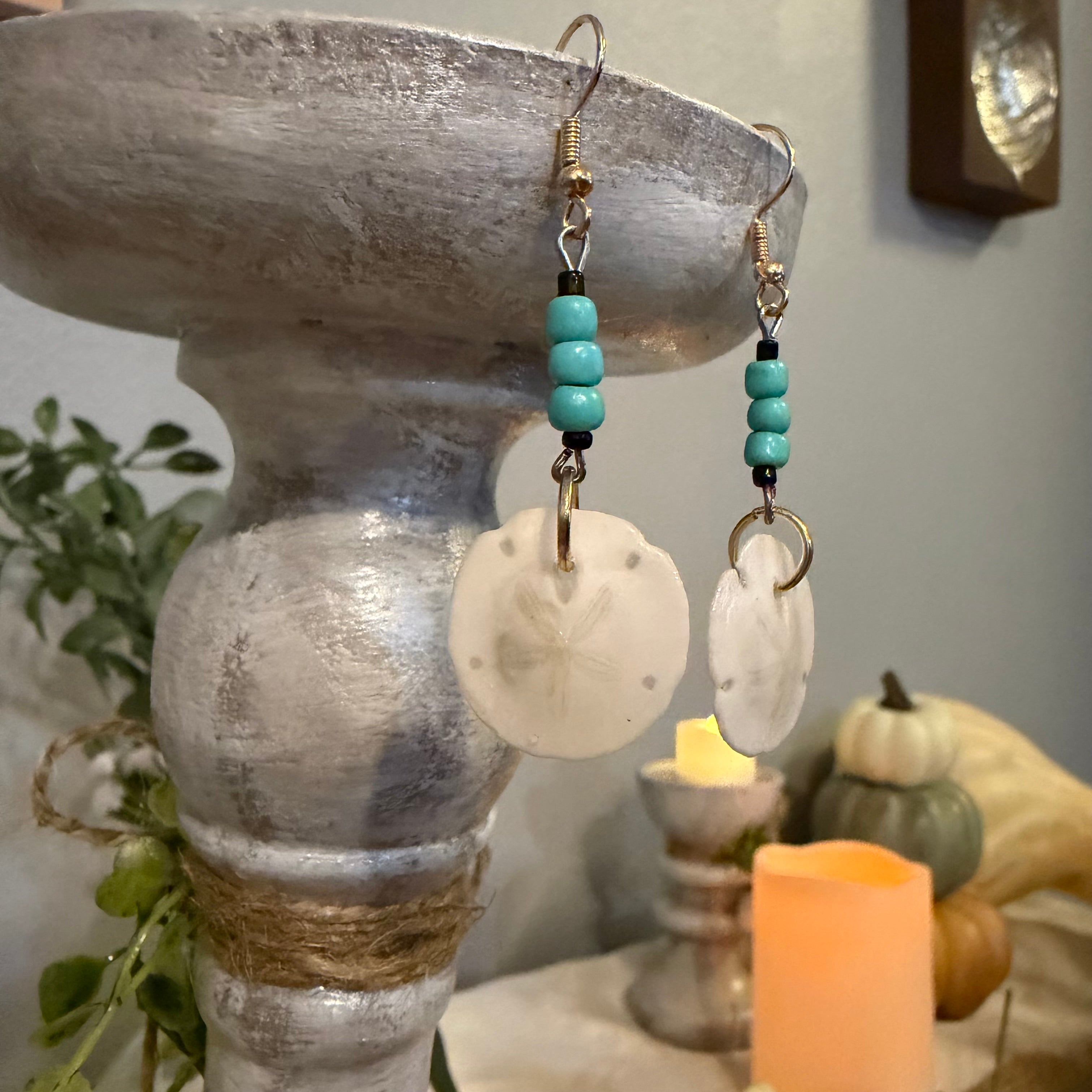 Natural Sand Dollar Earrings with Turquoise | Handcrafted Coastal Jewelry