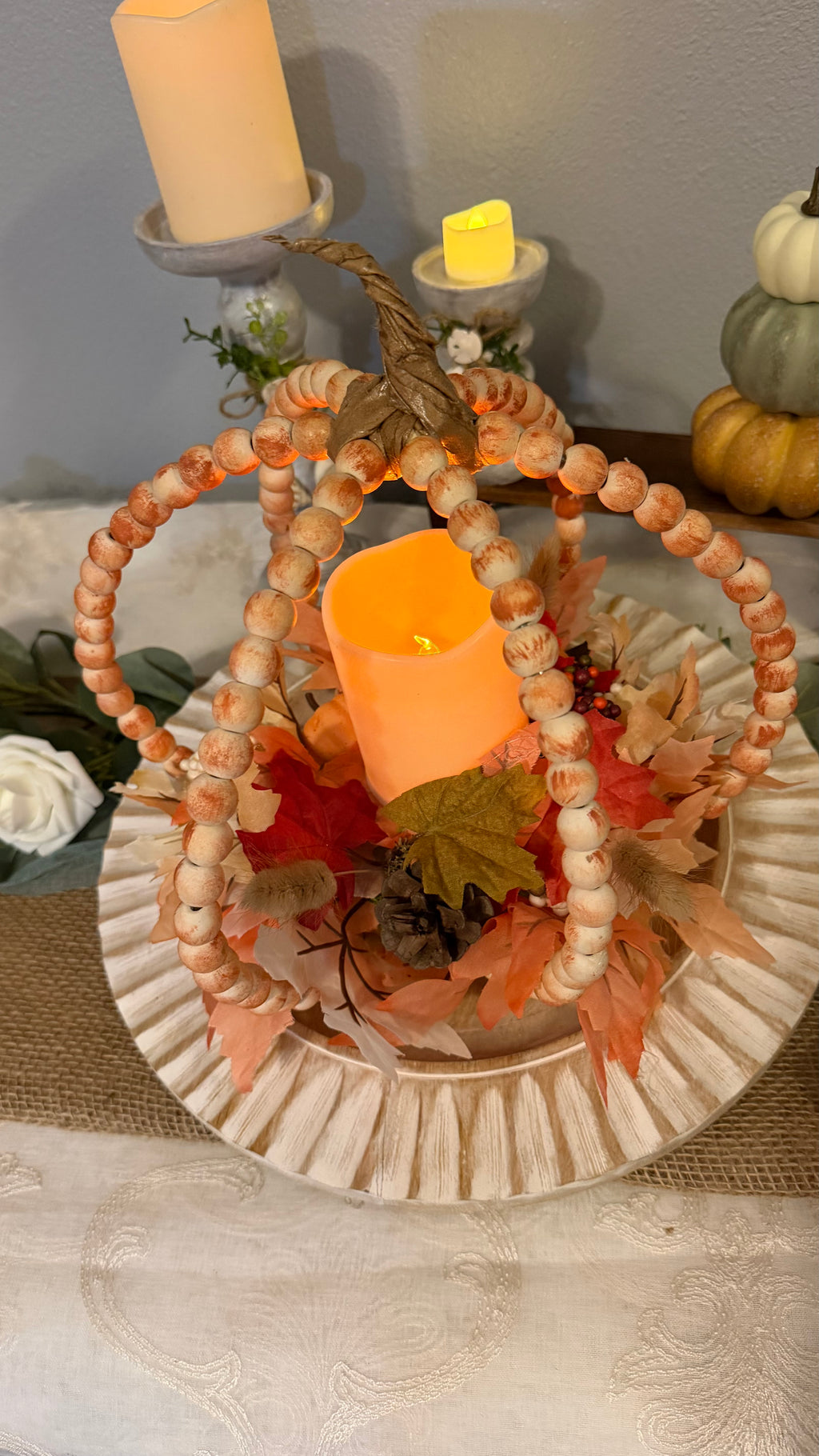 Hand-Beaded Pumpkin Centerpiece with Flameless Candle | Handmade Fall Décor