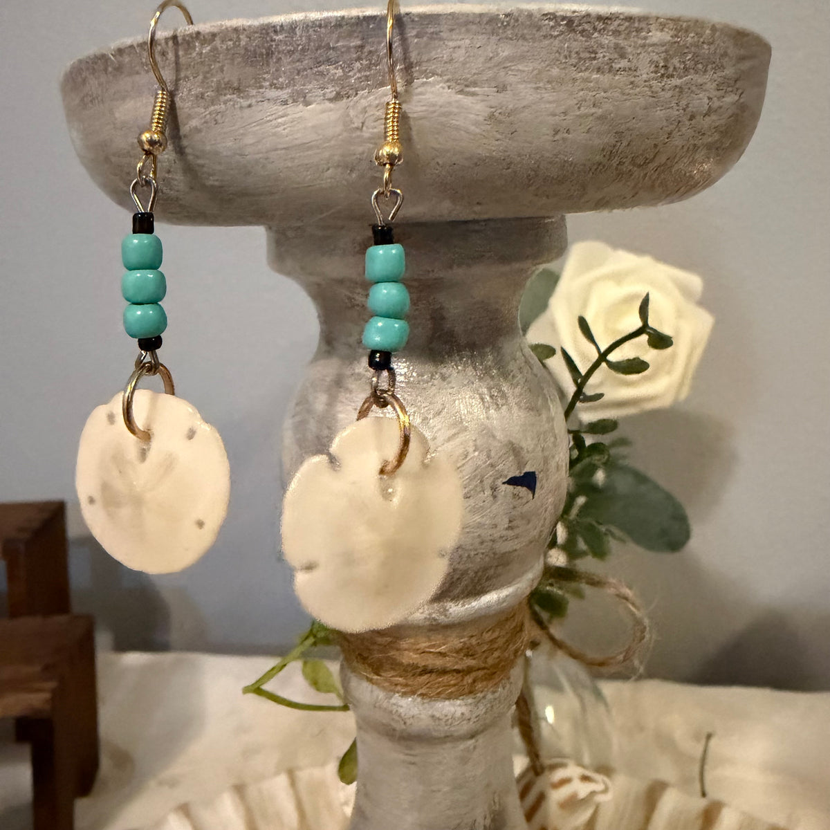 Natural Sand Dollar Earrings with Turquoise | Handcrafted Coastal Jewelry