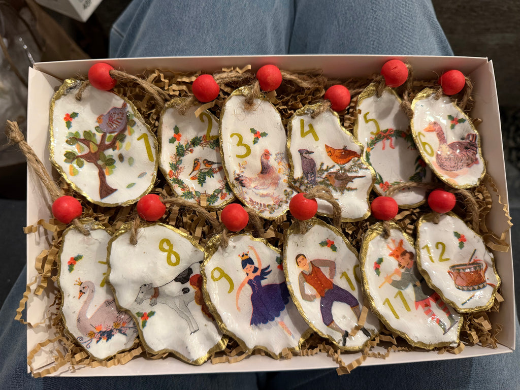 12 Days of Christmas Oyster Shell Ornament Set | Handmade Coastal Christmas Collection