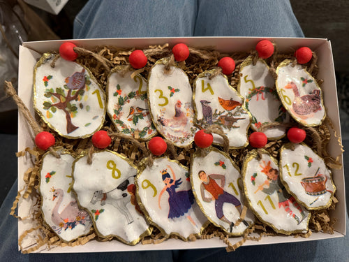 12 Days of Christmas Oyster Shell Ornament Set | Handmade Coastal Christmas Collection