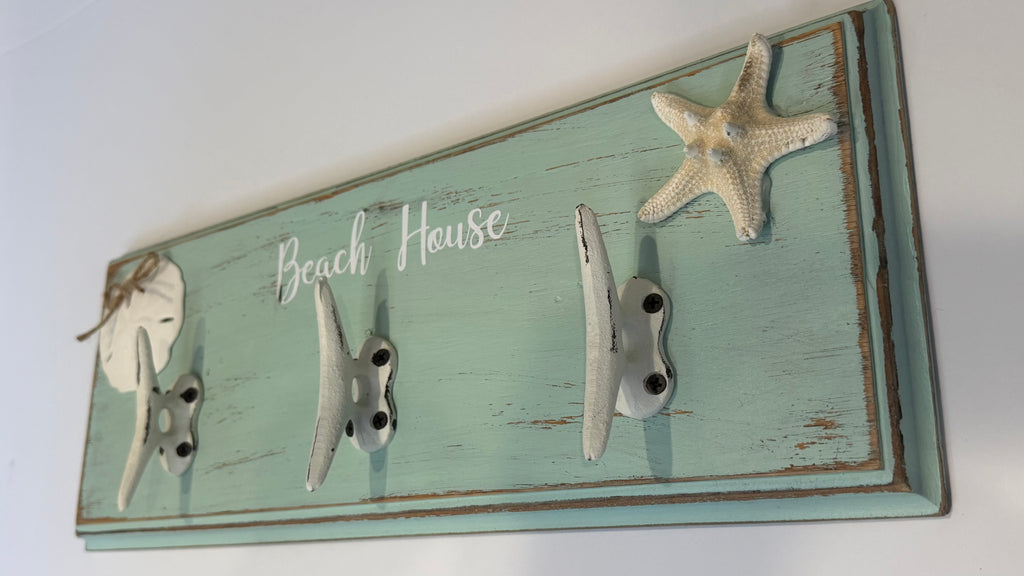 Beach House Coastal Wall Rack with Anchor Hooks | Seafoam Nautical Wall Décor
