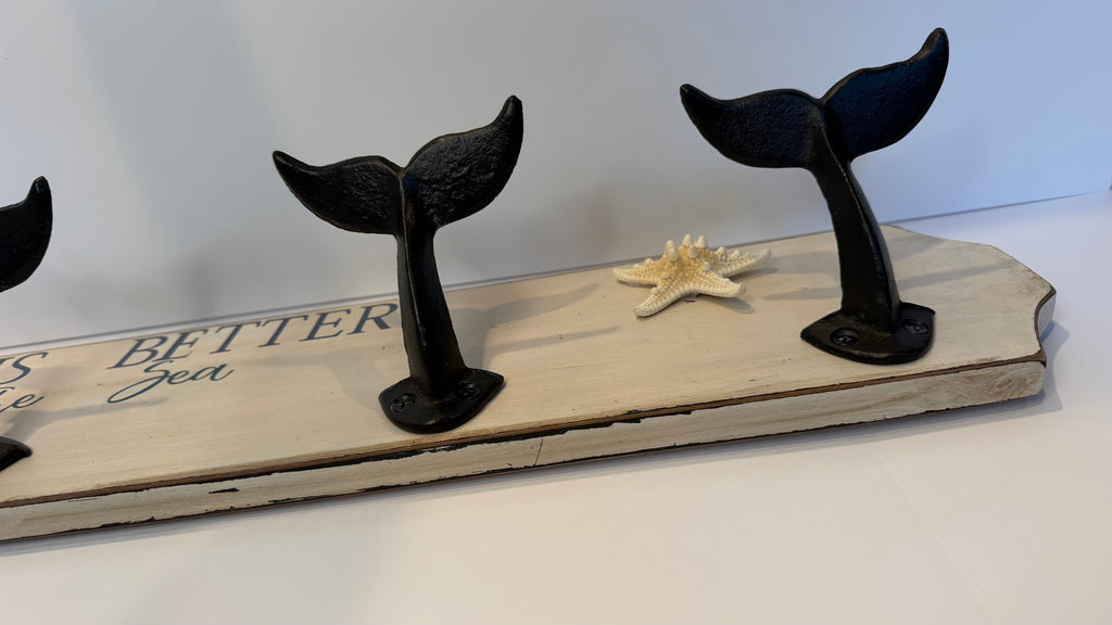 Life Is Better by the Sea Whale Tail Coat Rack – 5 Hook Coastal Wall Organizer