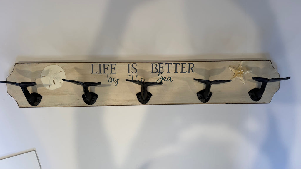 Life Is Better by the Sea Whale Tail Coat Rack – 5 Hook Coastal Wall Organizer