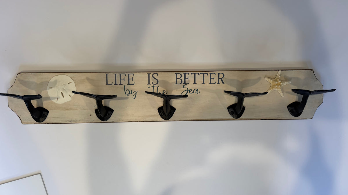 Life Is Better by the Sea Whale Tail Coat Rack – 5 Hook Coastal Wall Organizer