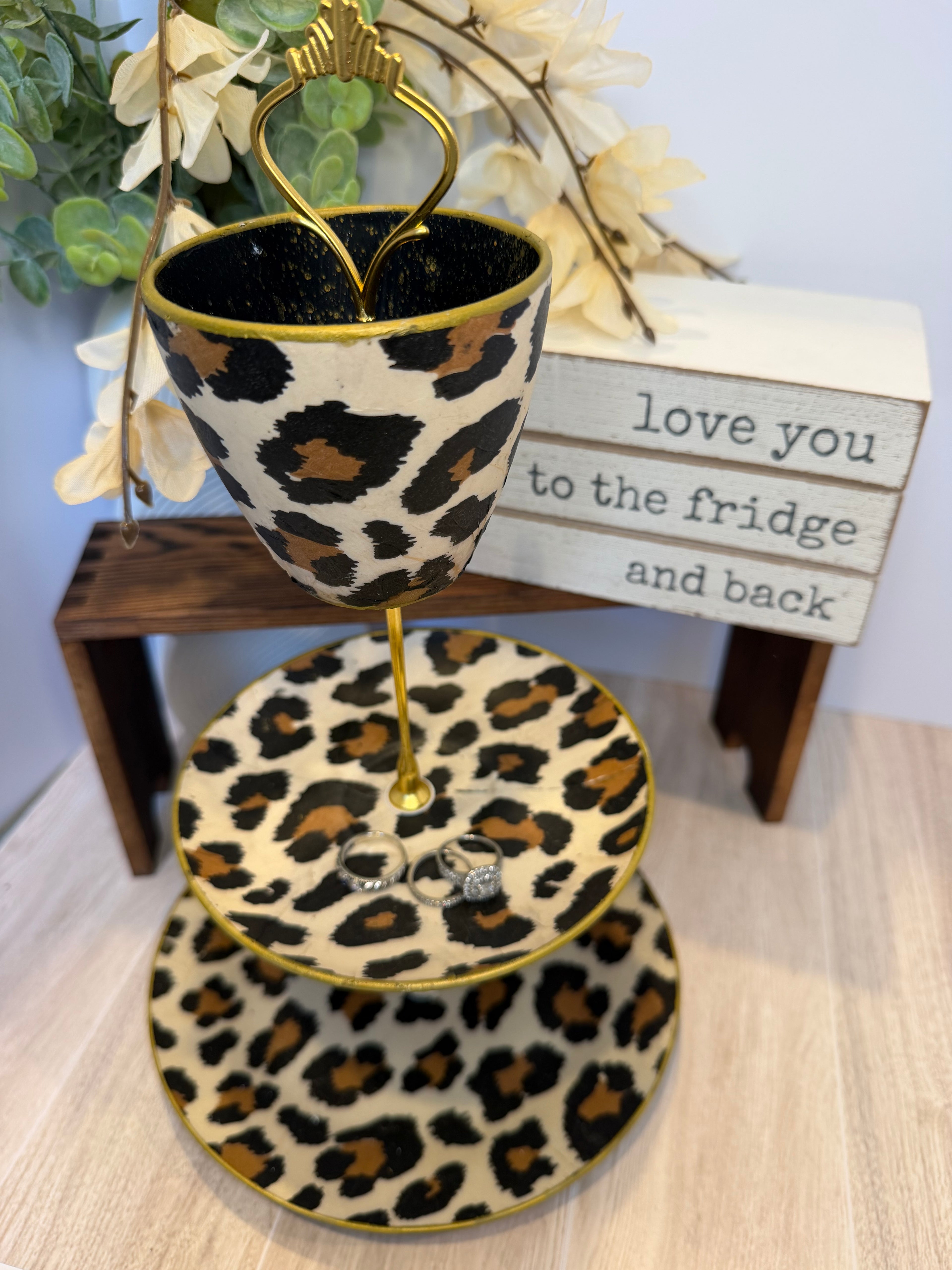 Leopard 3-Tier Jewelry & Vanity Stand with Gold Trim