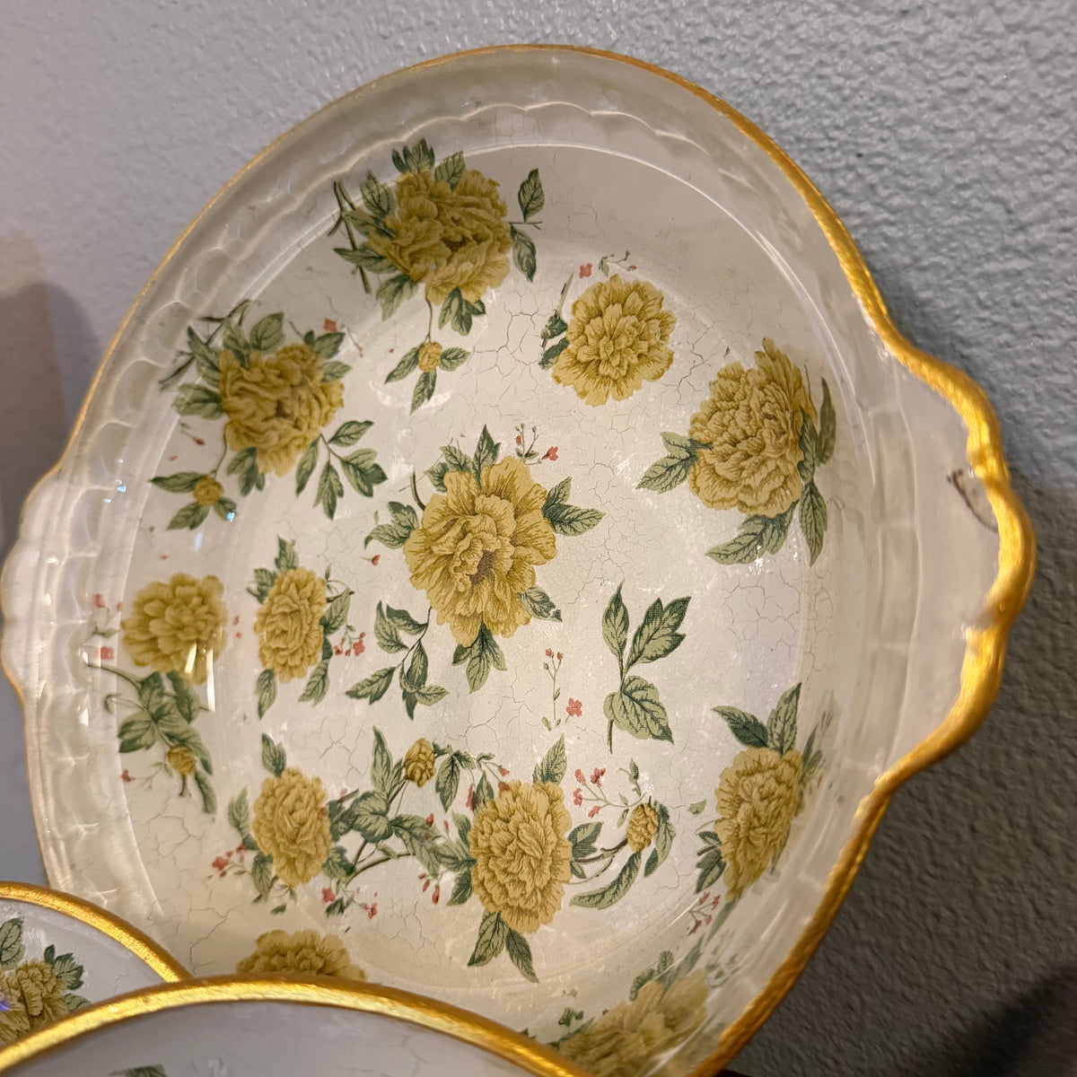 Golden Gathering Floral Pie Plate | Hand-Decoupaged Serving & Display Dish