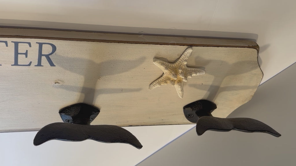 Life Is Better by the Sea Whale Tail Coat Rack – 5 Hook Coastal Wall Organizer
