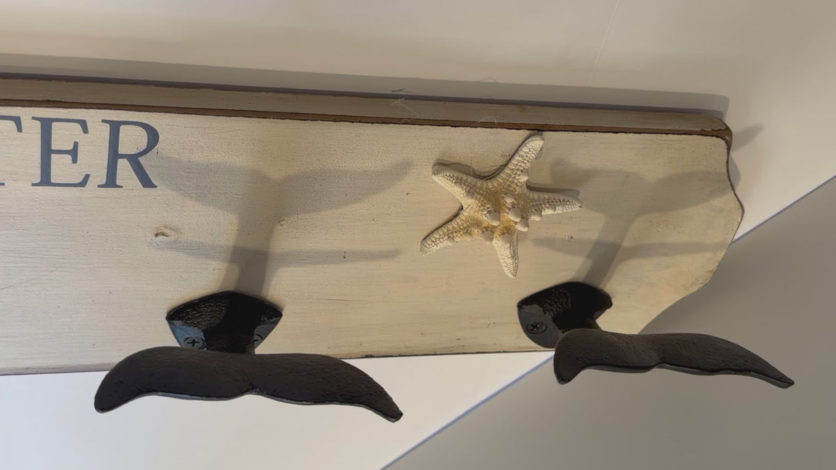Life Is Better by the Sea Whale Tail Coat Rack – 5 Hook Coastal Wall Organizer