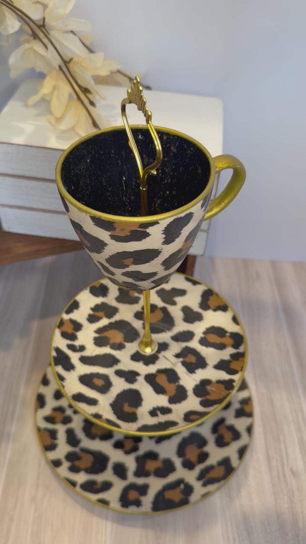 Leopard 3-Tier Jewelry & Vanity Stand with Gold Trim